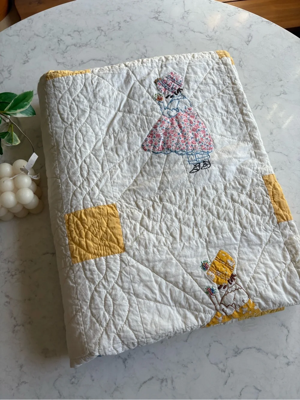 Vintage Handmade 1950s Patchwork Doll Quilt in Cream and Yellow Organic Cotton
